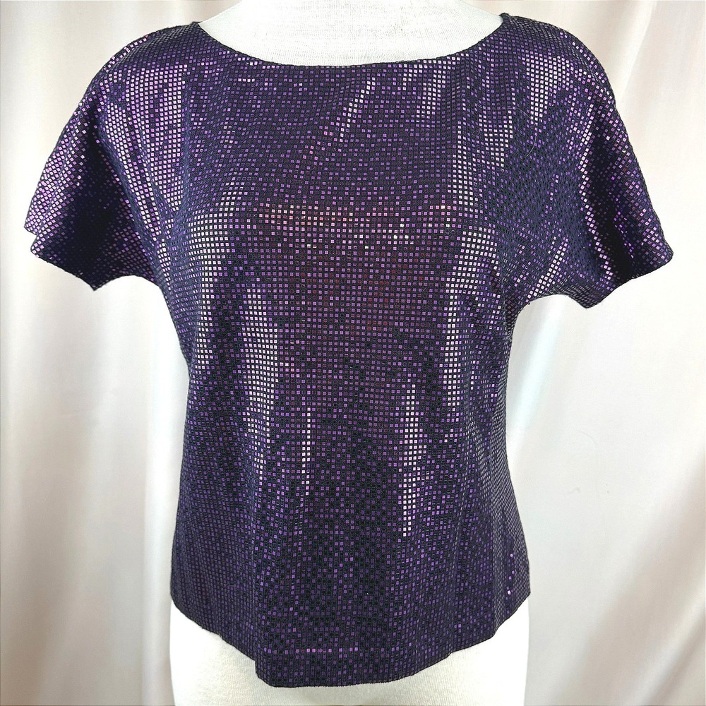 Vintage 90s ST. JOHN EVENING Womens Sequin Top|M|Purple Black Knit Boat Neck USA